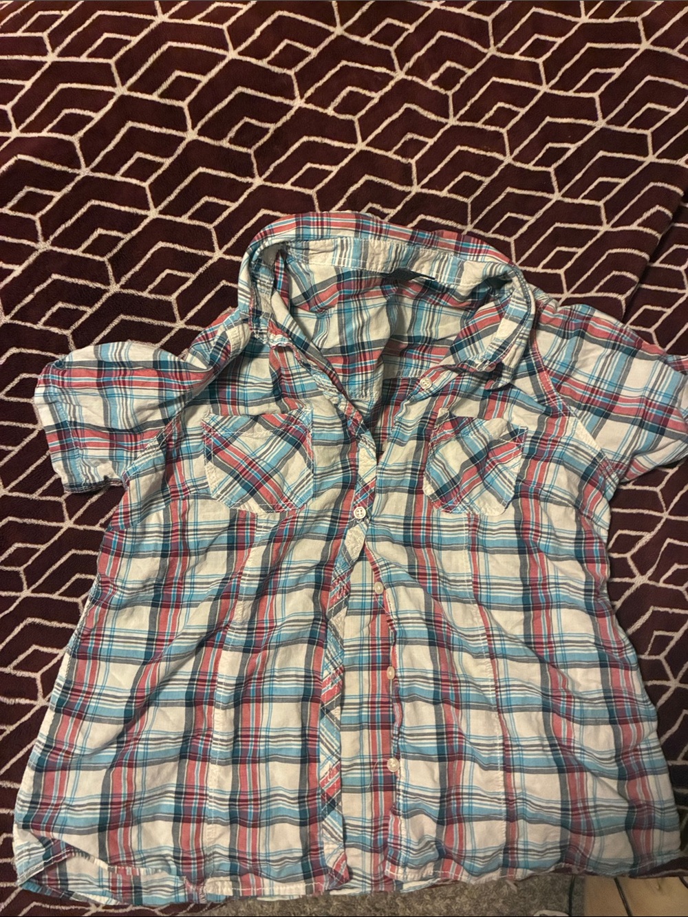 womans Short-Sleeve Plaid Button-Up Shirt - Blue & Red